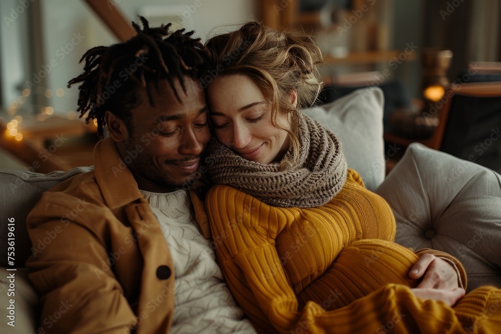 Woman lying on the sofa with her black partner hugging her sweetly. Concept of family and love Woman lying on the sofa with her black partner hugging her sweetly. Concept of family and love