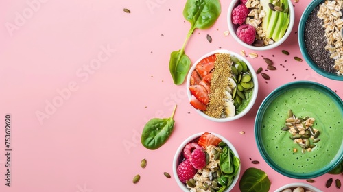 Assorted superfood bowls with green smoothie, granola, seeds, and fresh fruits on pink background