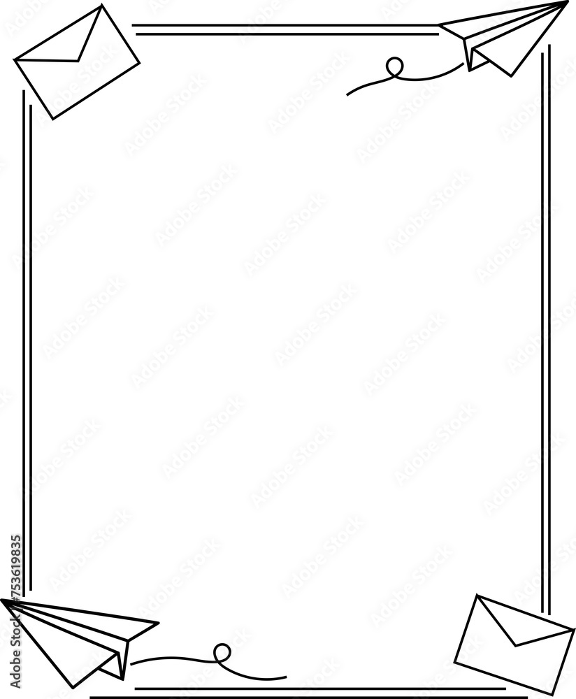 Fototapeta premium Frame border with decorative envelope and paper airplane 