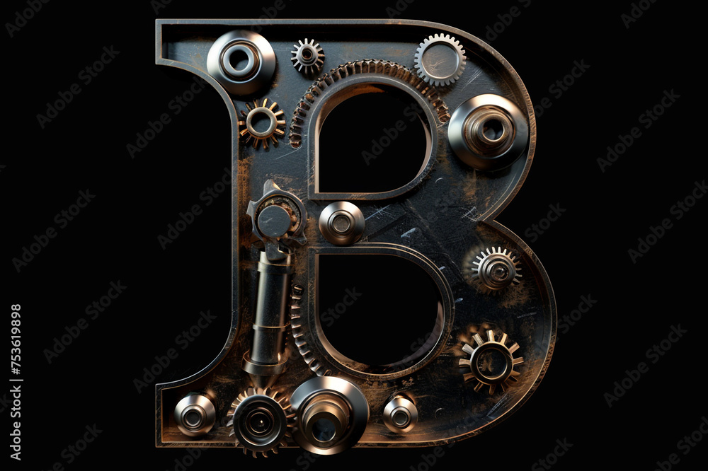 Metallic steampunk alphabet with gears and rivets isolated on black background, capital letter B with 3D rendering and metal texture, creative retro abc for poster, wallpaper, movie. 

