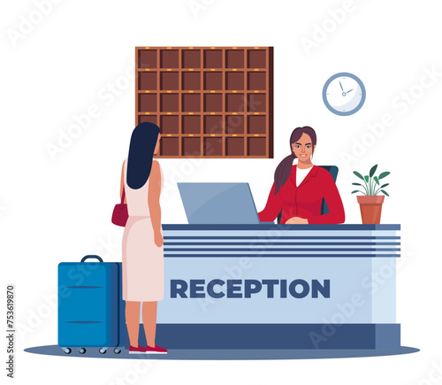 Hotel lobby, reception. Woman receptionist behind the desk, guest with baggage checking in. Hotel Arriving. Tourism, business trip concept. Interior of inn. Vector illustration.