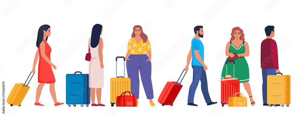 Travelers with baggage. Characters with suitcases and bags. Tourists group with suitcases. Traveling crowd with luggage. Concept for travel or lifestyle blogs. Vector Illustration. Travelers with baggage. Characters with suitcases and bags. Tourists group with suitcases. Traveling crowd with luggage. Concept for travel or lifestyle blogs. Vector Illustration.