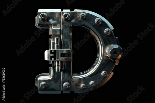 Metallic steampunk alphabet with gears and rivets isolated on black background, capital letter D with 3D rendering and metal texture, creative retro abc for poster, wallpaper, movie. 