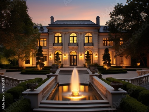A palatial mansion nestled within manicured grounds and surrounded by lush gardens photo