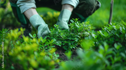 Hands planting in a lush garden bed.