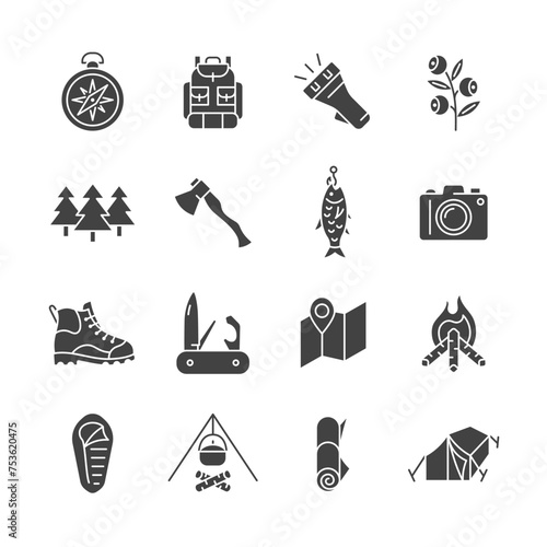 Сamping glyph icon set. Tourist vector symbols include compass, backpack, berry, forest, fish, camera, pocket knife, tent, bonfire.