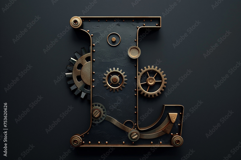 Metallic steampunk alphabet with gears and rivets isolated on black background, capital letter L with 3D rendering and metal texture, creative retro abc for poster, wallpaper, movie. 
