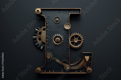 Metallic steampunk alphabet with gears and rivets isolated on black background, capital letter L with 3D rendering and metal texture, creative retro abc for poster, wallpaper, movie. 
 photo