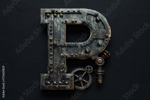 Metallic steampunk alphabet with gears and rivets isolated on black background, capital letter P with 3D rendering and metal texture, creative retro abc for poster, wallpaper, movie. 