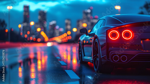 Street racing videogame gameplay. Sport car with motion blur on the road. Concept of fast driving. Car on the road in the city at night. Sport car on the road with motion blur background. 3d rendering © mandu77