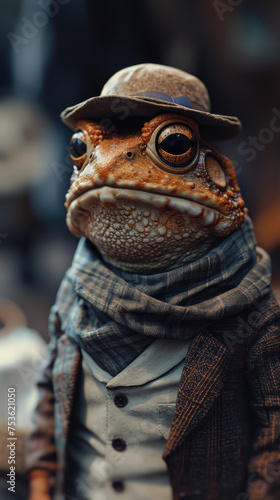 Dapper toad hops through city streets in tailored splendor, epitomizing street style. The realistic urban setting captures this amphibian's charm, seamlessly merging swamp allure with contemporary fas