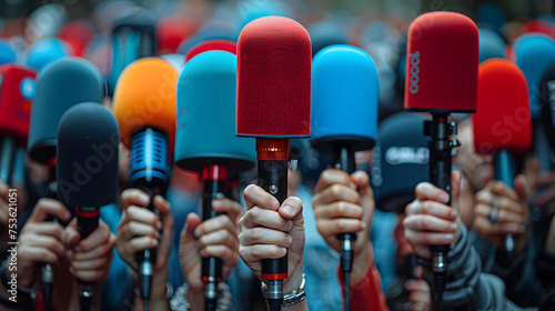 World Press Freedom Day concept. Background with microphones in hands depicting the idea of freedom of the press or freedom of expression.