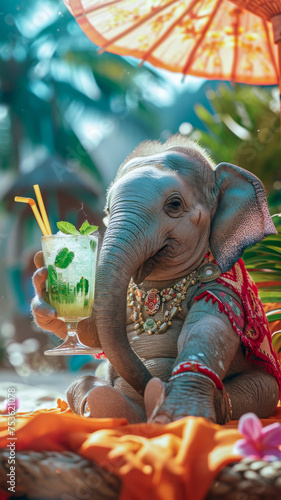 A elefant in human clothes lies on a sunbathe on the beach, on a sun lounger, under a bright sun umbrella, drinks a mojito with ice from a glass glass with a straw, smiles, summer tones, bright rich c
