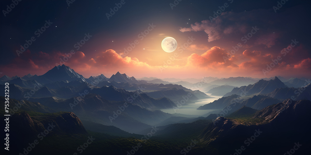 prominent moon with pale orange hues, Futuristic cityscape under a starry sky, three moonsmetal landscape, Fantasy landscape mountain in the night, Generative AI 