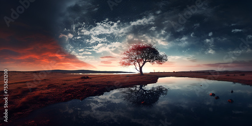 Colorful surreal tree, Tree reflection at the waters, Water Tree, Minimalistic desktop background high quality, Generative AI
