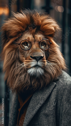 Regal lion roams urban streets in refined attire, epitomizing street style. The realistic city backdrop frames this majestic feline, seamlessly blending wild majesty with contemporary fashion in a cap