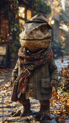 Sophisticated dinosaur roams city streets in tailored splendor, epitomizing street style. The realistic urban setting captures the prehistoric charm seamlessly merged with contemporary fashion allure 