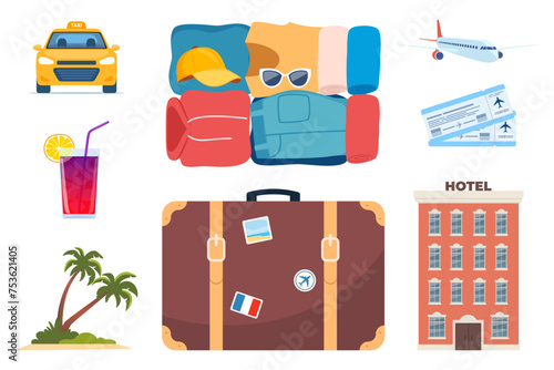 Adventure tourism, travel abroad, summer vacation trip decorative design elements. Set of travel icons. Transport, hotel, baggage, airport. cocktail, palm. Vector illustration.