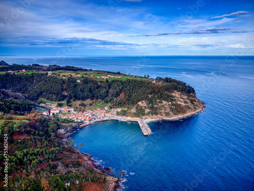 Aerial view of the fishing village of Tazones in Asturias, Spain.