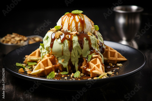 Pistachio ice cream with waffles and pistachios. Generative AI.