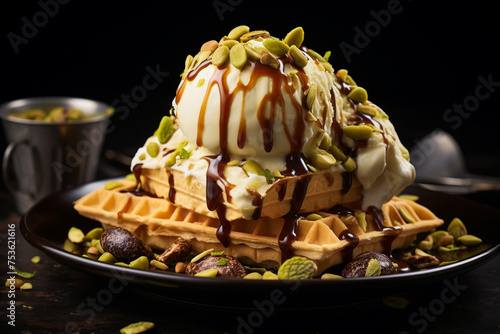 Pistachio ice cream with waffles and pistachios. Generative AI.