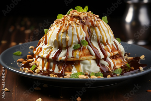 Pistachio ice cream with waffles and pistachios. Generative AI.