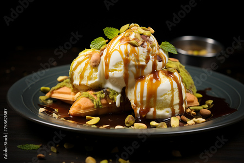 Pistachio ice cream with waffles and pistachios. Generative AI.