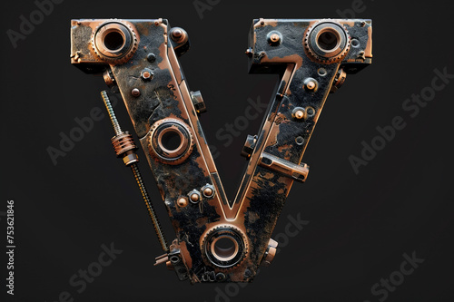 Metallic steampunk alphabet with gears and rivets isolated on black background, capital letter V with 3D rendering and metal texture, creative retro abc for poster, wallpaper, movie. 