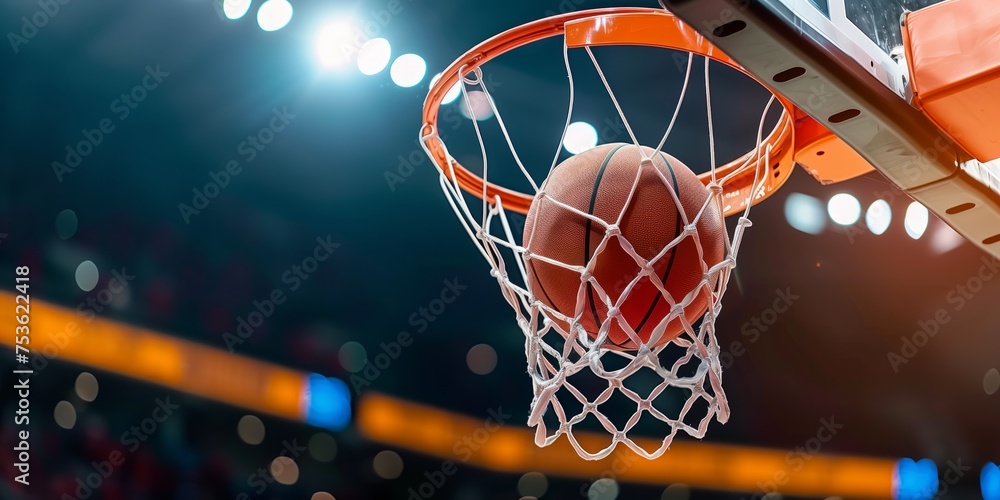 Basketball swishes through hoop on basketball court