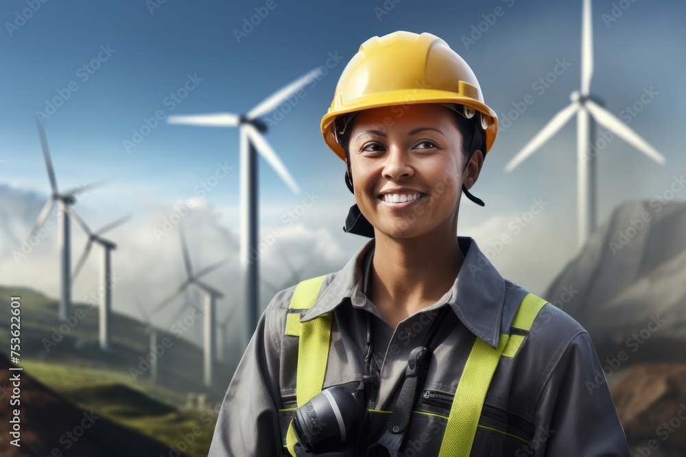 Portrait of a female field engineer in front of a wind turbine. Concept for green renewable energy. Portrait of a female field engineer in front of a wind turbine. Concept for green renewable energy.