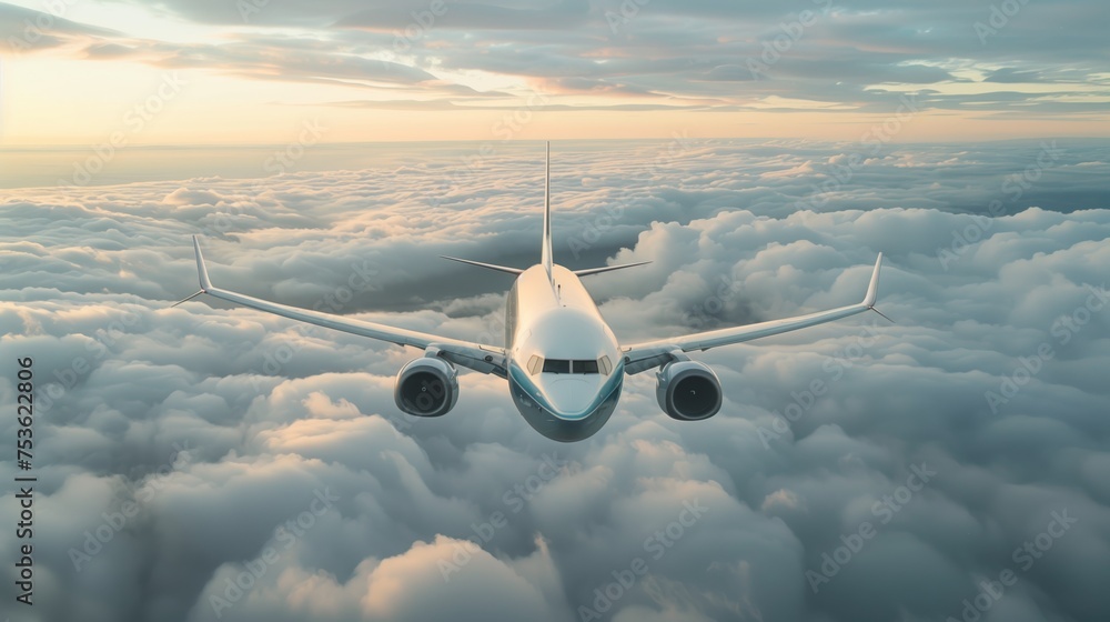 Airplane Flying High Above Clouds. Commercial airplane soars high above the cloud cover, showcasing the grandeur of flight and the expansiveness of the sky. - obrazy, fototapety, plakaty 