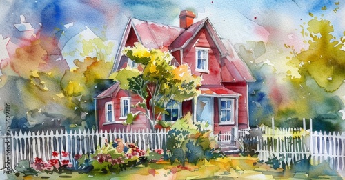 A charming watercolor painting featuring a house surrounded by a fence and colorful flowers. © Thi