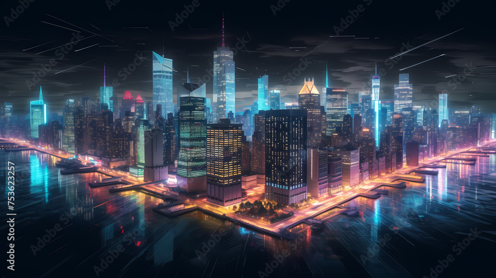 Aerial view of city at night, brightly lit streets, cityscape, skyline