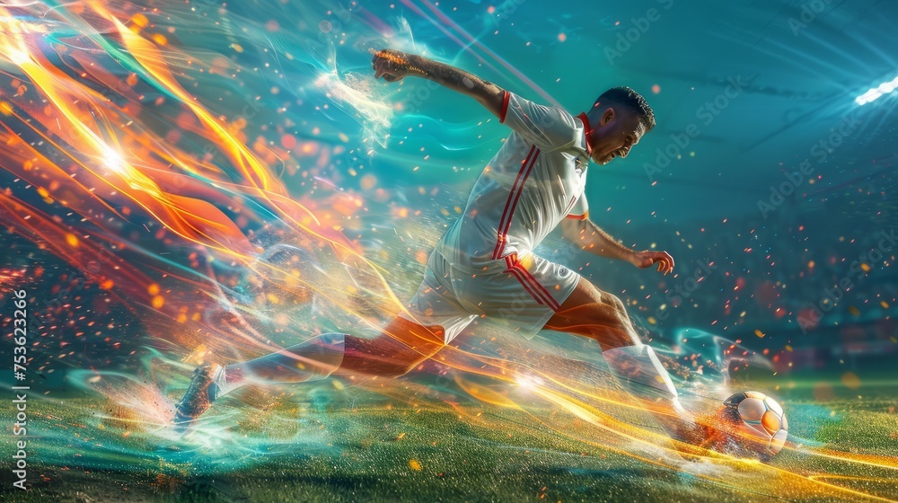 Soccer player kicking a ball with dynamic fiery and energetic light effects on a stadium field. - obrazy, fototapety, plakaty 