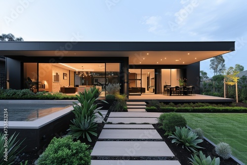 A modern house and its outdoor features set against a backdrop of soft black