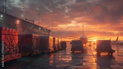 Cargo Containers at Airport. Cargo containers await loading at an airport against a dramatic sunset sky, reflecting on the wet tarmac.