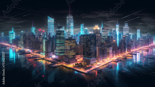 Aerial view of city at night  brightly lit streets  cityscape  skyline