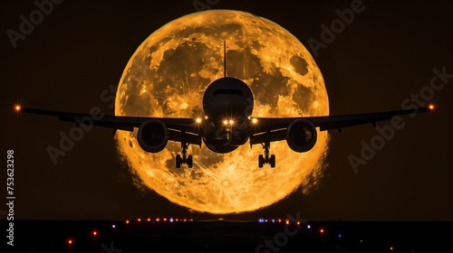 Airplane Landing Against Supermoon Background. Silhouette of an airplane landing with a breathtaking supermoon in the background at night.