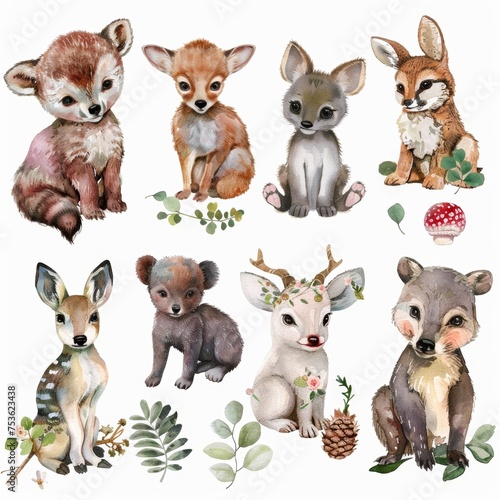 Illustration set of cute baby animals in watercolor