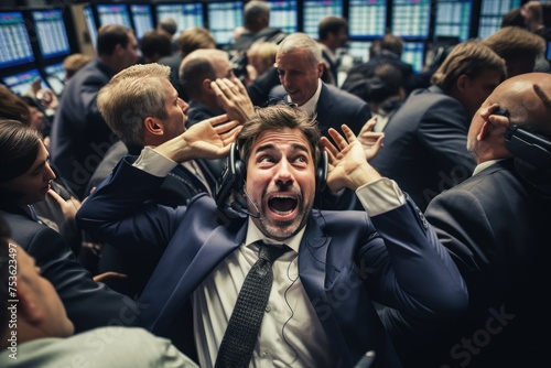 Trader at work with exaggerated facial expression during market crash. Surprised, frightened, frustrated. Crying.