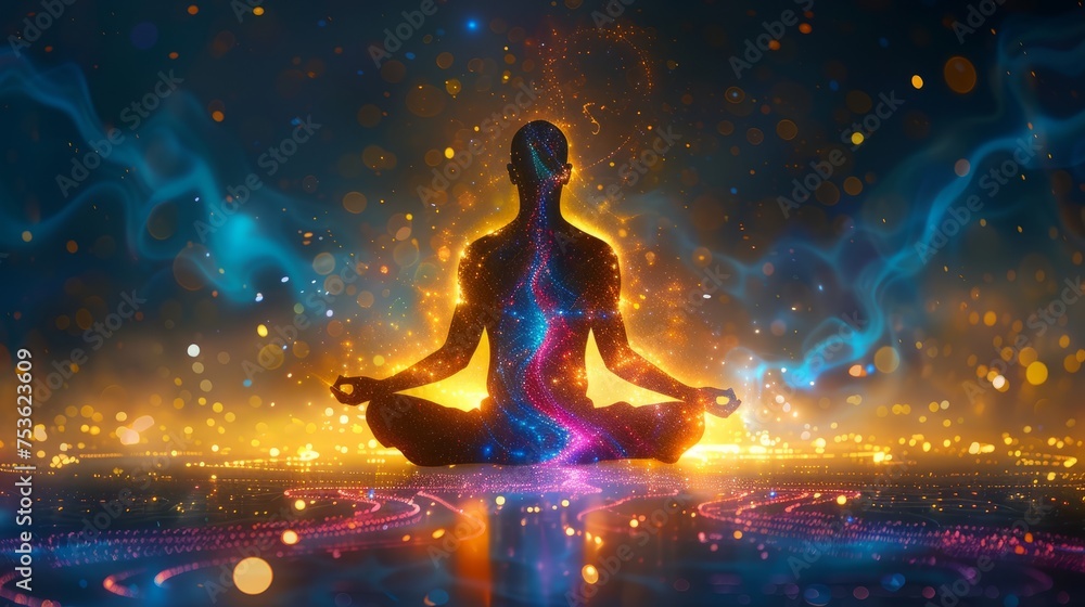 Silhouette of a meditating person with a vibrant cosmic energy aura against a backdrop of starry sky and city lights.