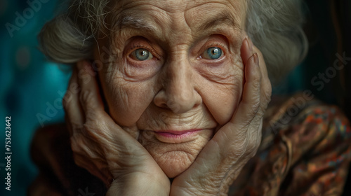 Thoughtful elderly lady with bright eyes. photo