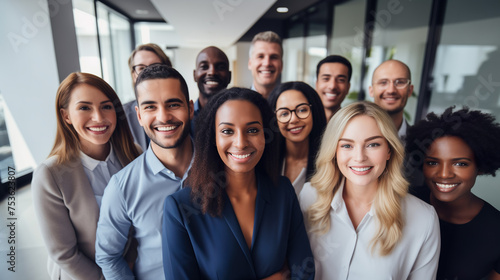 Diverse group of employees project team standing together in modern business building - group selfi portrait of cheerful and joyful young and senior employees colleagues