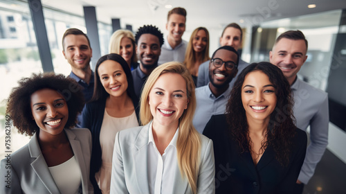 Diverse group of employees project team standing together in modern business building - group selfi portrait of cheerful and joyful young and senior employees colleagues © DigitalDreamscape