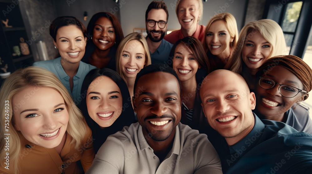 Diverse group of employees project team standing together in modern business building - group selfi portrait of cheerful and joyful young and senior employees colleagues Diverse group of employees project team standing together in modern business building - group selfi portrait of cheerful and joyful young and senior employees colleagues