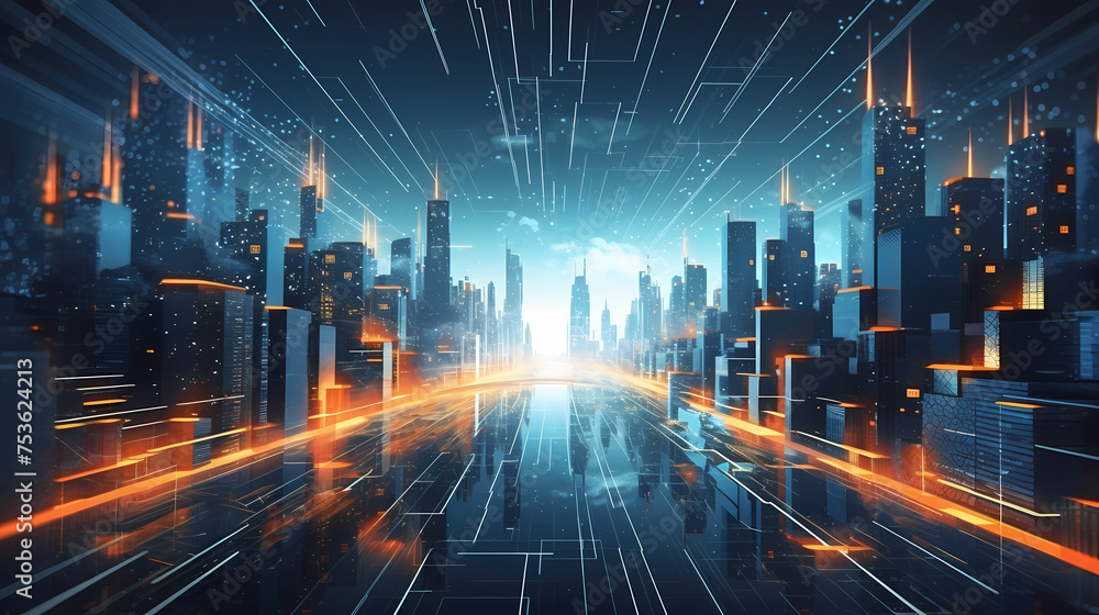 Aerial view of city at night, brightly lit streets, cityscape, skyline Aerial view of city at night, brightly lit streets, cityscape, skyline