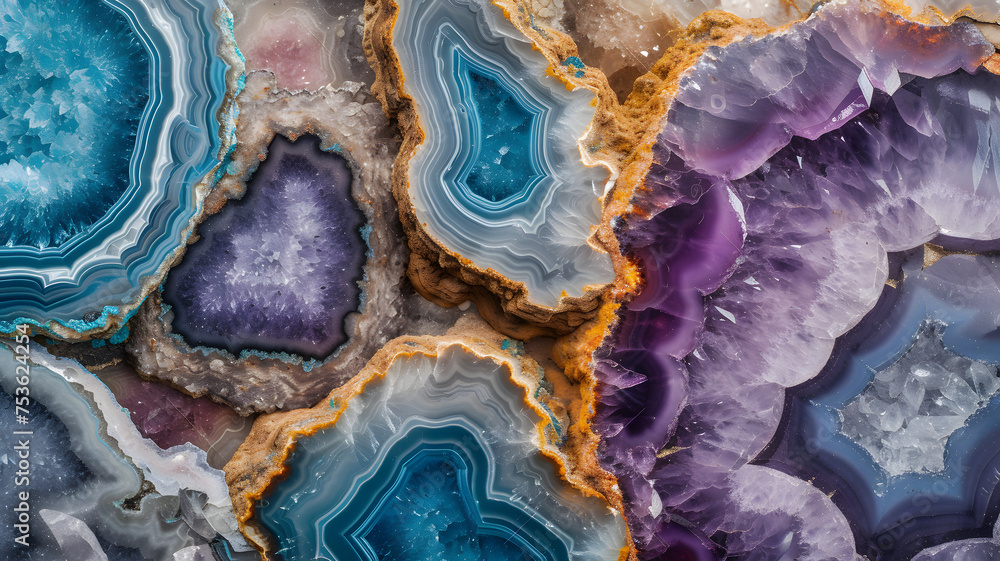 Obraz premium Geode rock texture, background and wallpaper. Neural network generated image. Not based on any actual scene or pattern.