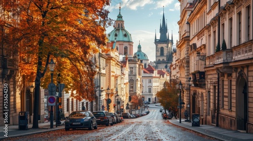 Autumn foliage with street and beautiful historical buildings of Prague city in Czech Republic in Europe. © Joyce