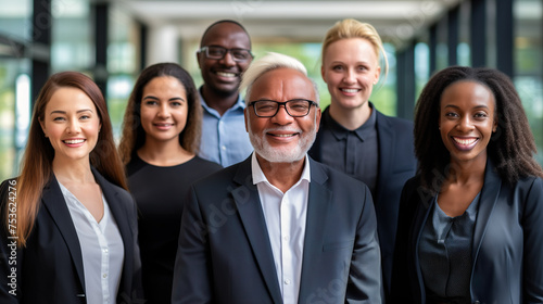 Diverse group of employees project team standing together in modern business building - group selfi portrait of cheerful and joyful young and senior employees colleagues