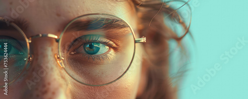 Close-up of Woman's Eye Through Glasses. Detailed view of young female eyes magnified behind glasses, copy space.